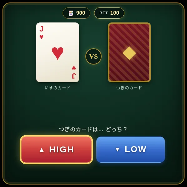 ハイ&ローカジノの画面